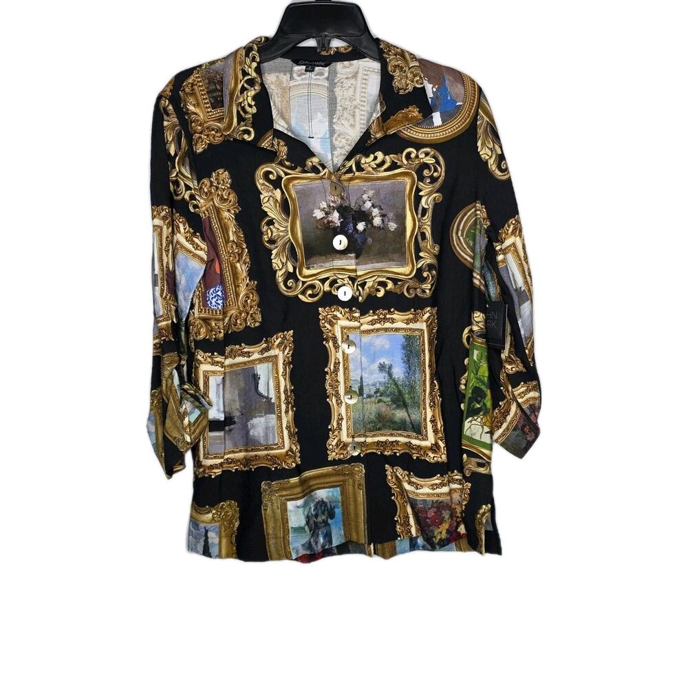 John Mark Womens Small Black Museum Painting 3/4 Sleeve Top Shirt Blouse Tunic
